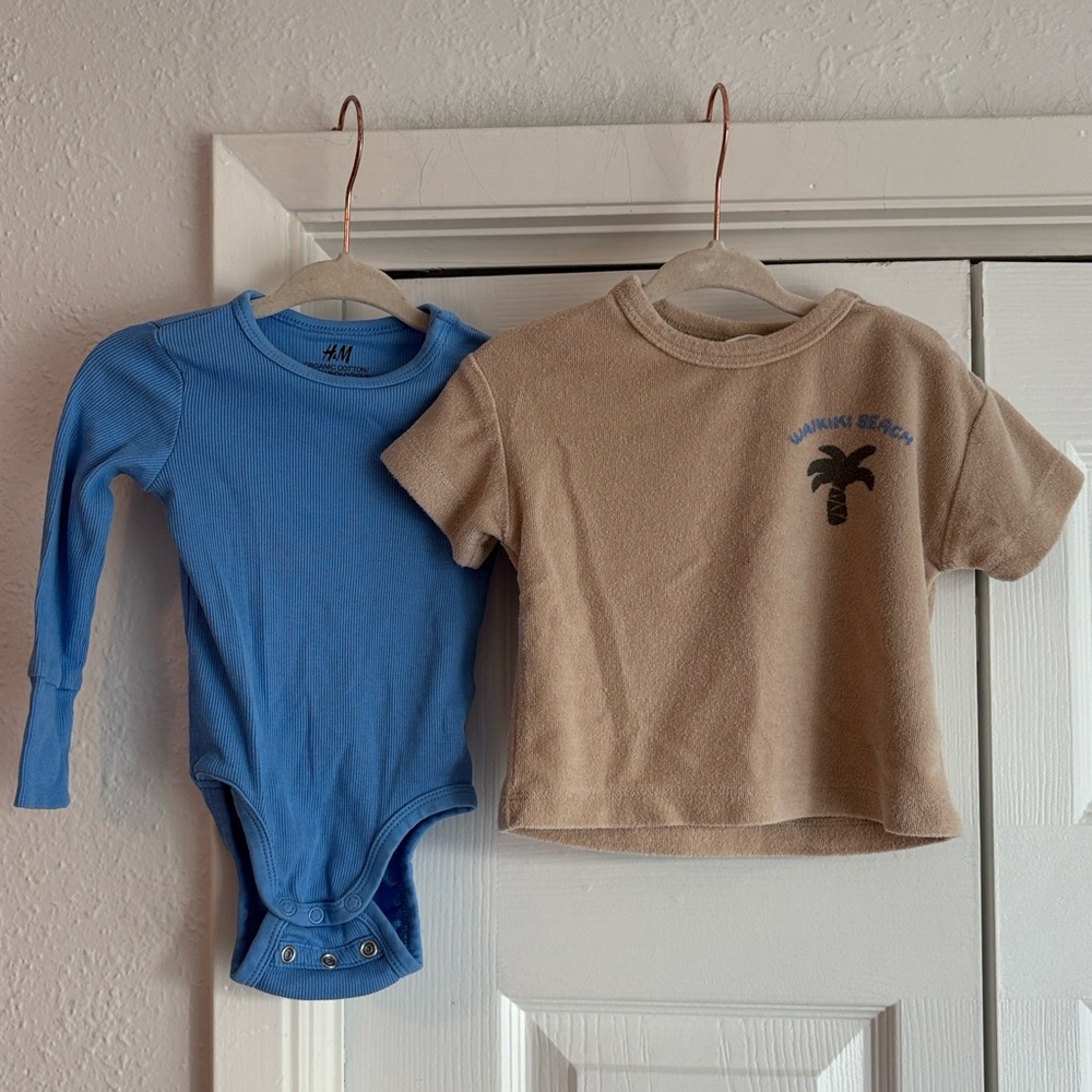 H&M Blue Ribbed Organic Cotton Bodysuit + Beige Palm Tree Terry Cloth Shirt